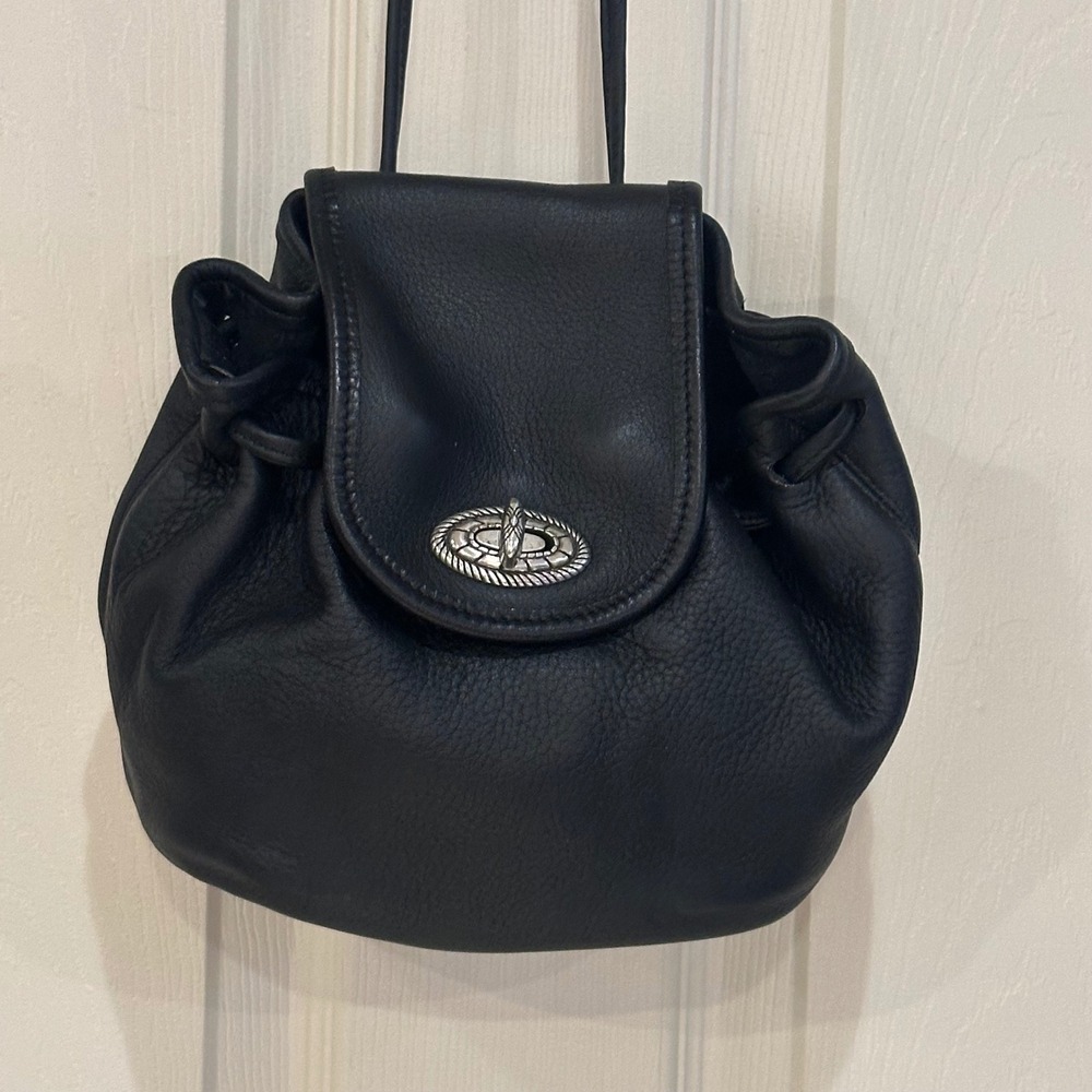 Brighton Black Pebbled Leather Drawstring Flap Crossbody Bag Silver Turn Lock